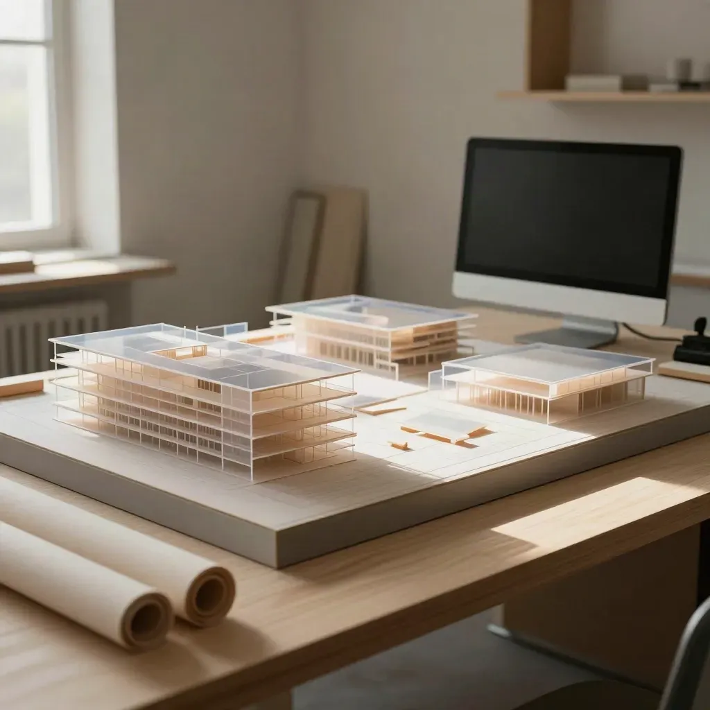 Studio BIM pronto con modello architettonico, schermo spento e tavolo ordinato.