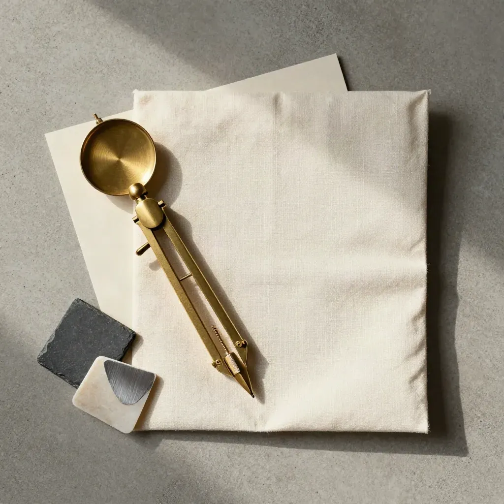 Flatlay dall’alto con bussola in ottone, cartellina in lino e campioni materici su cemento chiaro.