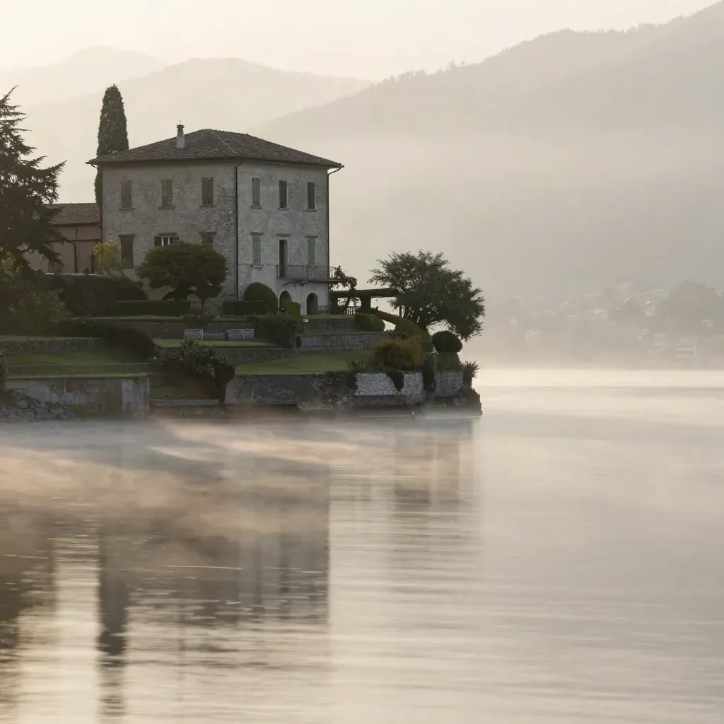 Villa in pietra sul Lago di Como all’alba, avvolta nella nebbia.