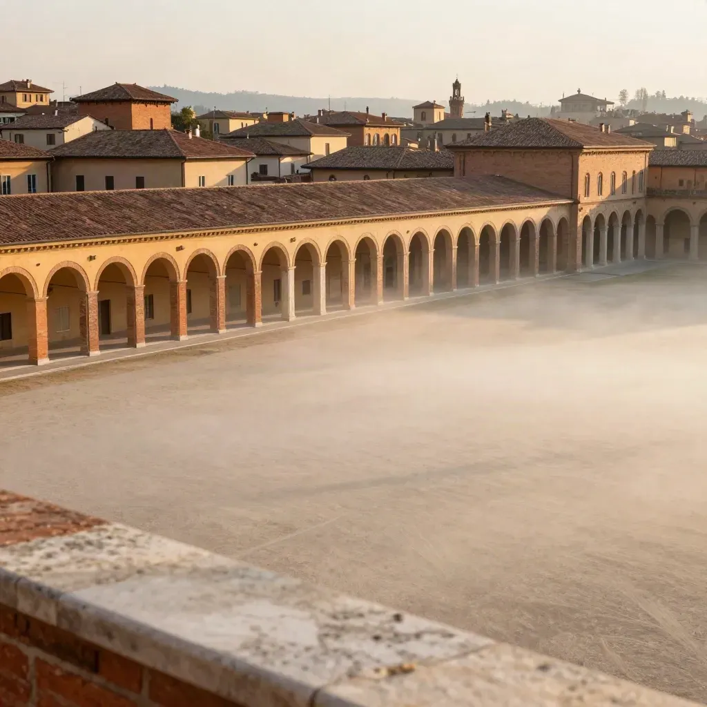 Portici di Bologna al tramonto sopra la pianura morbida dell’Emilia-Romagna