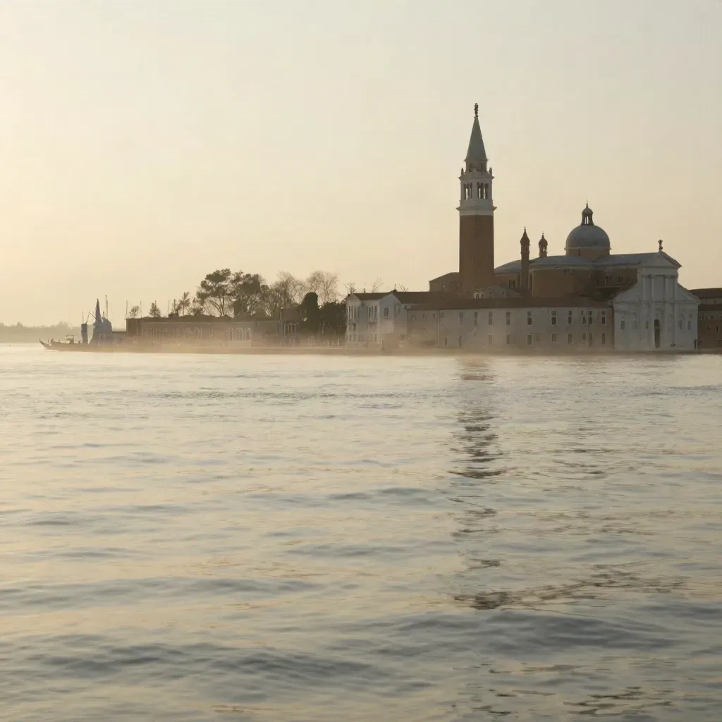Laguna veneta al tramonto con campanile in silhouette e acqua calma